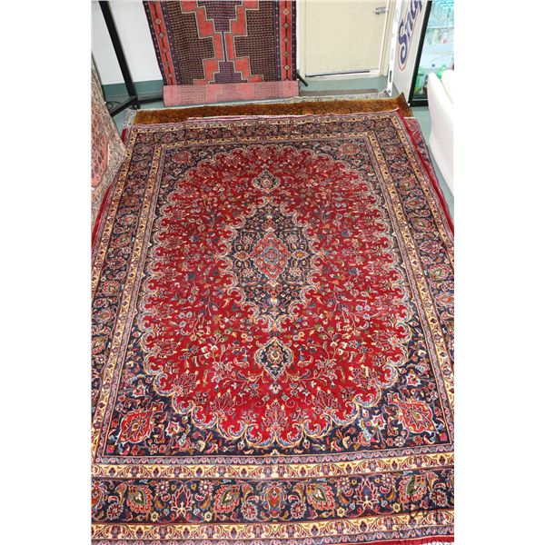 100% hand made Iranian wool carpet "Mashad" with center medallion, burgundy background, overall flor