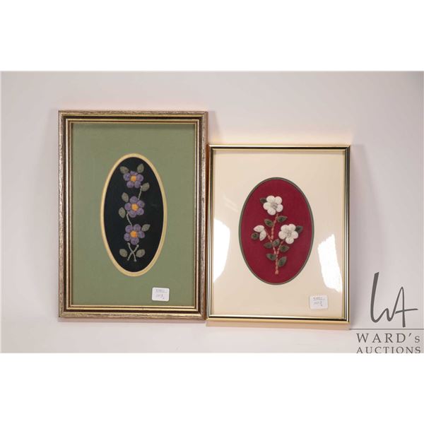 Two framed floral motif moose tuftings. Overall dimensions 9" X 8 and 12" X 9"