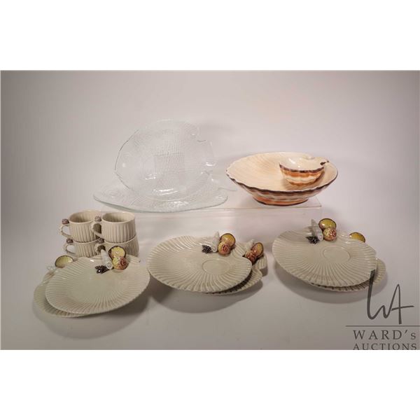 Selection of Fitz & Floyd shell motif tableware including four plate and cup sets, and chip and dip 