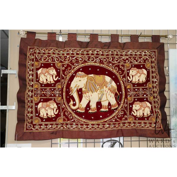 Burmese beaded elephant motif wall hanging. Measures 35" x 53". Includes hanging rod