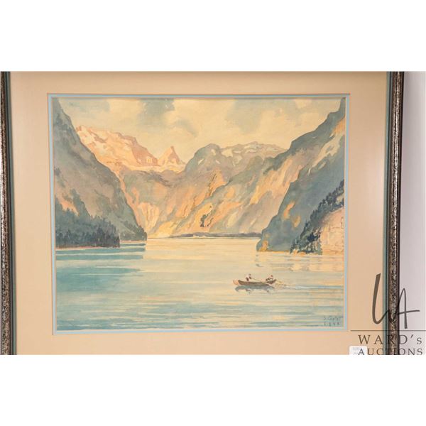 S. Geist framed watercolor of boating on a mountian lake. Dated 1948. 14" x 17"