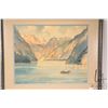 Image 1 : S. Geist framed watercolor of boating on a mountian lake. Dated 1948. 14" x 17"