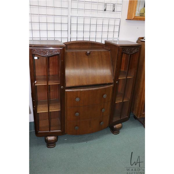 English walnut, drop front Tudor style secretaire with glass front book storage and curved drawers, 