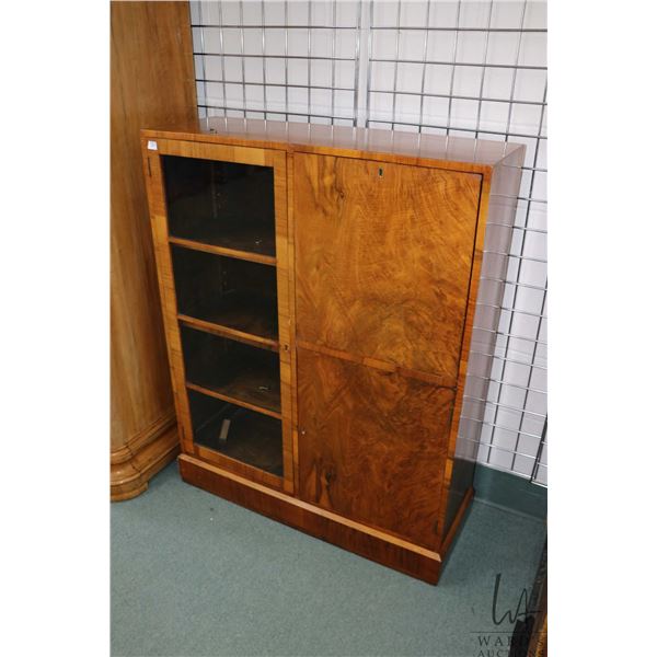 Antique walnut fall front side X side secretaire and bookcase, with original key, fitted interior an