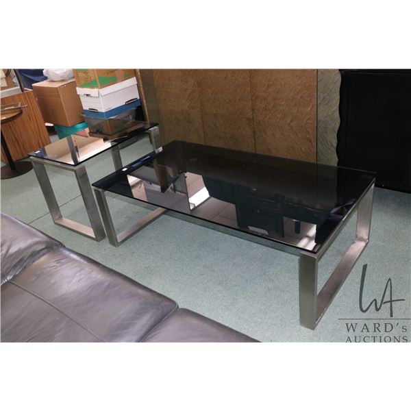Modern coffee 15" H X 48" X 26" and side table 19" X 26" X 18" each with tubular aluminum base and b