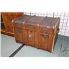 Image 1 : Antique oak bound steamer trunk with pull out tray and original French label on inside of lined lid,