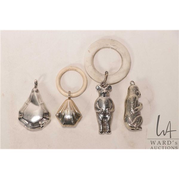 Four vintage silver plate baby rattles including bear and Deco bell plus monkey and larger Deco bell