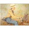 Image 1 : Stan Price, framed vintage oil on board painting of a young girl bicycling with her dog, artist sign