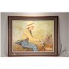 Image 2 : Stan Price, framed vintage oil on board painting of a young girl bicycling with her dog, artist sign