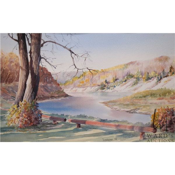 Louanne signed framed watercolour painting of a river valley, signed by artist 12" X 18 3/4"