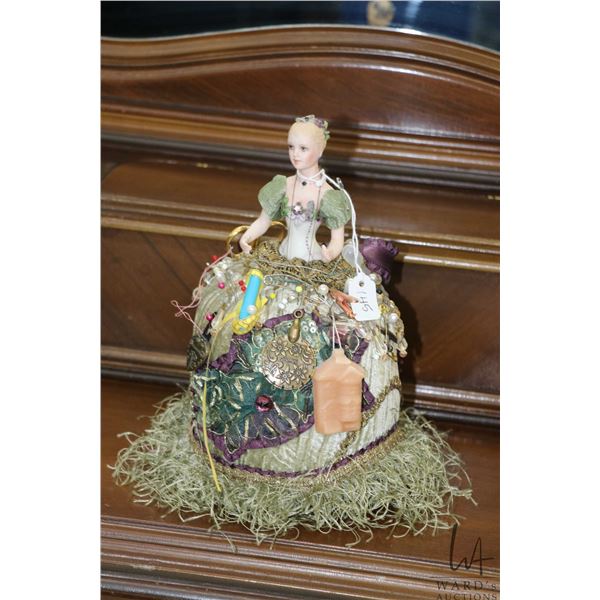 Artisan made half doll pin cushion made by Darlene Lane 8 1/2" in height