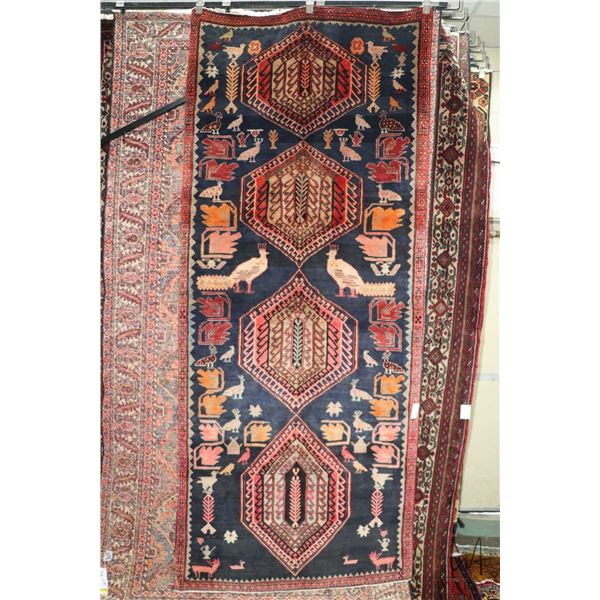 100% hand made Iranian carpet runner "Ardebil" with birds and multiple medallions, blue background a