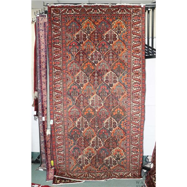 100% hand made Iranian carpet "Baktahyr" with geometric tile design in colours of greys, orange, red