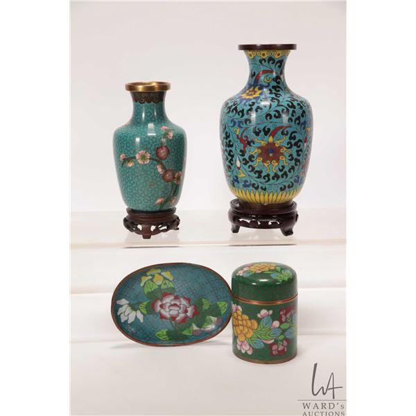 Four small pieces of cloisonne including 6" and 7" vases, etc