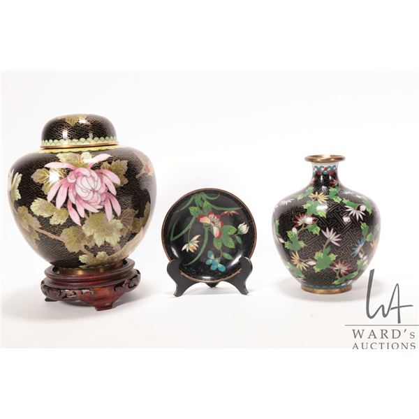 Three pieces of cloisonne including 7" floral and butterfly motif lidded ginger jar, etc
