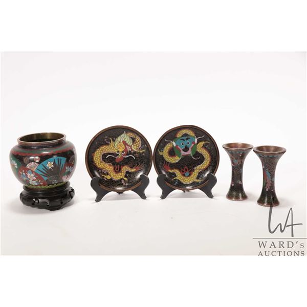 Five small pieces of cloisonne including two 4" diameter dragon motif plates on stands, etc