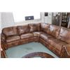 Image 1 : Thomasville brown leather upholstered two piece sectional, each with bun feet and decorative nail he