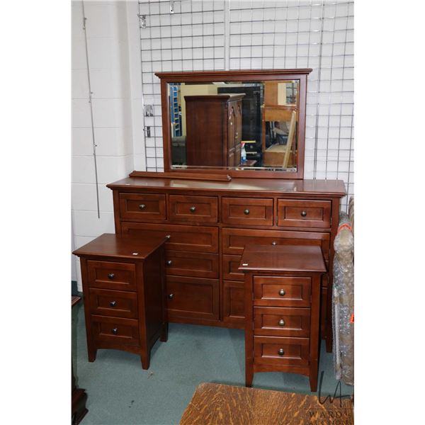 Mirrored dresser and two night table. Dresser in cherry finish with bevelled mirror, measures 42" X 
