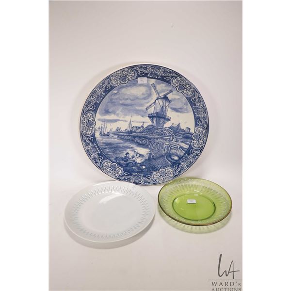 Large blue and white Delft charger 15" in diameter, unmarked plate and an antique hand enameled gree
