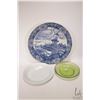 Image 1 : Large blue and white Delft charger 15" in diameter, unmarked plate and an antique hand enameled gree
