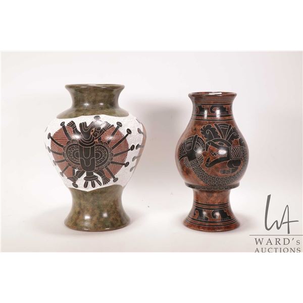 Two artist signed Nicaraguan low- fire and hand burnished vases including 10" and 10 1/2"