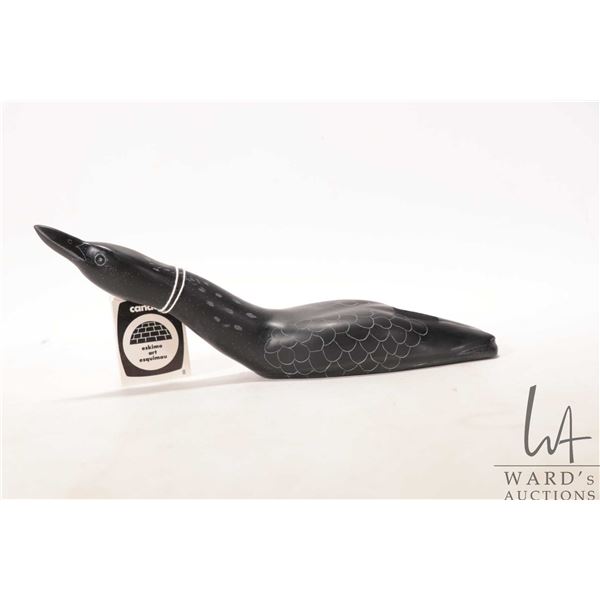 Inuit soapstone carved "Loon", signed by artist and with Eskimo Art label " George Arragutainaq, San