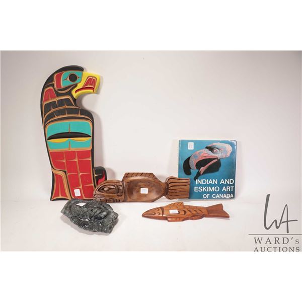 Selection of hand carved First Nations items including soapstone face, signed by artist, an 18" carv