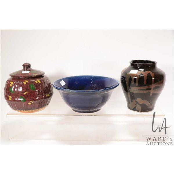 Three hand made glazed pottery pieces including bowl signed M. Belec, ginger jar and a 7 1/2" vase