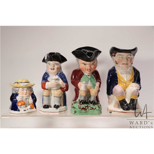 Thee antique Toby jugs including 8 3/4" with detachable hat crown, polychrome "The Hunchback Toby" 9