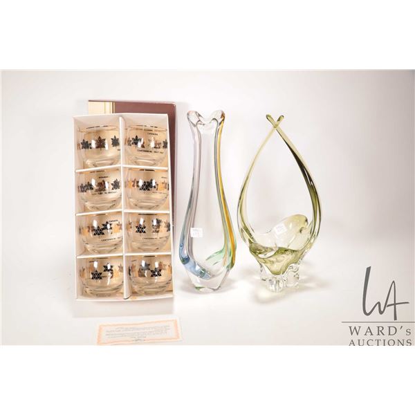 Two pieces of mid century art glass including signed Chalet 14" in height plus a boxed eight piece s