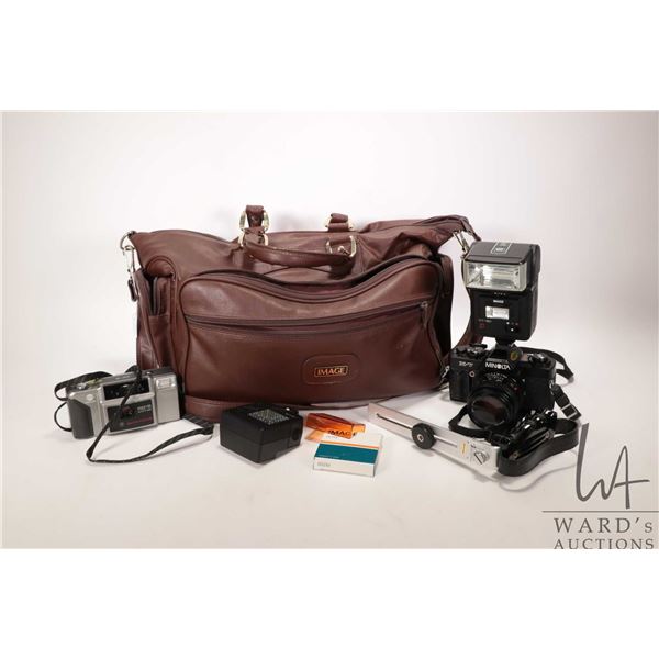 Selection of camera gear including Minolta X-7 camera, Image CT-90 flash, Minolta AF-3 camera plus b