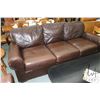 Image 1 : Brown leather full sized sofa with some distressing on the back, 94" long