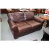 Image 1 : Brown leather loveseat with some distressing to back, 66" long