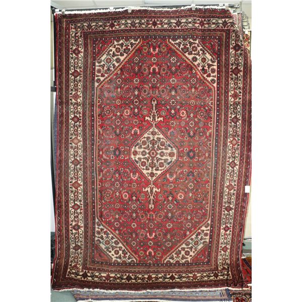 100% hand made Iranian carpet "Hamdan" with center medallion, floral design, red background and high