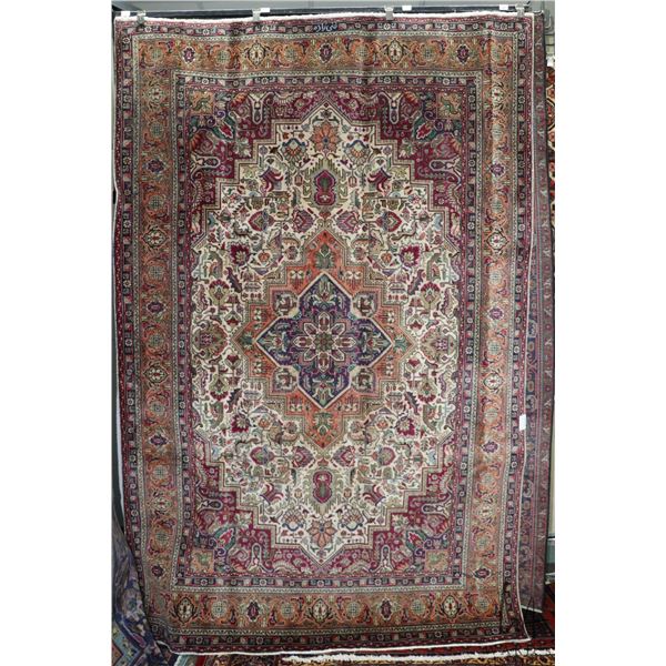 100% hand made Iranian carpet "Tabriz' with center medallion, overall floral design and highlights o
