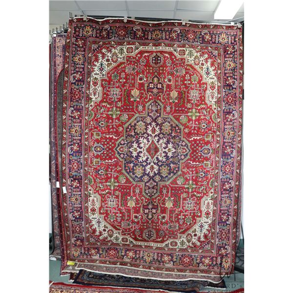 100% hand made Iranian carpet "Tabriz" with center medallion, red background, overall floral design 