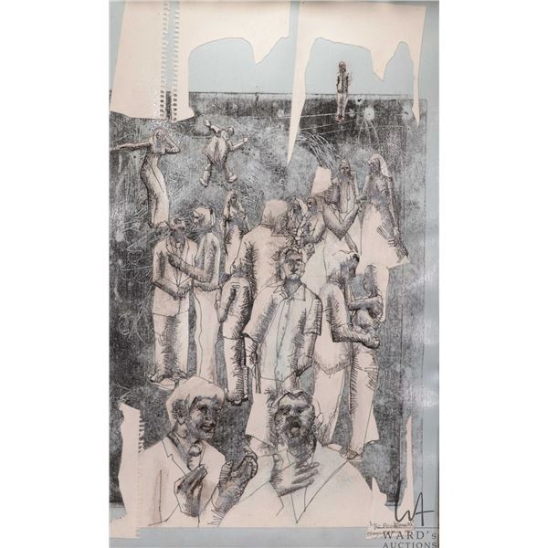 Gregory Swaine, framed ink and pencil with collage drawing, titled on verso " The Loud Mouth at the 