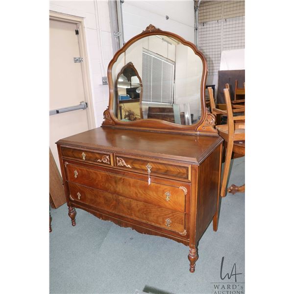 Four drawer mirrored walnut dresser to match lot 252, 34" to top of cabinet, 70" to top of mirror an