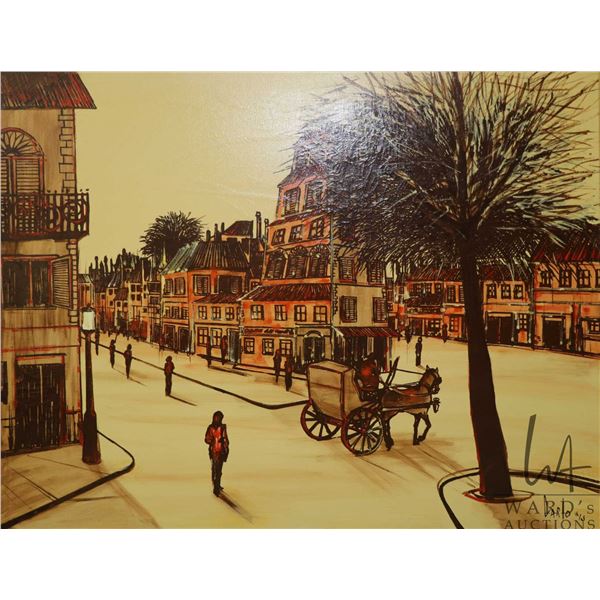 Carlos, framed acrylic on canvas painting of a European street scene, 48" X 60"  Note: Shipping not 
