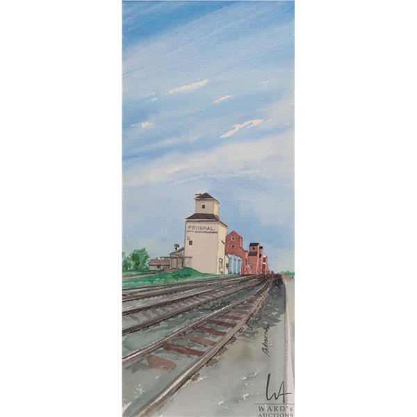 Artist signed original watercolour painting of Fork Saskatchewan grain elevators, 16" X 7"