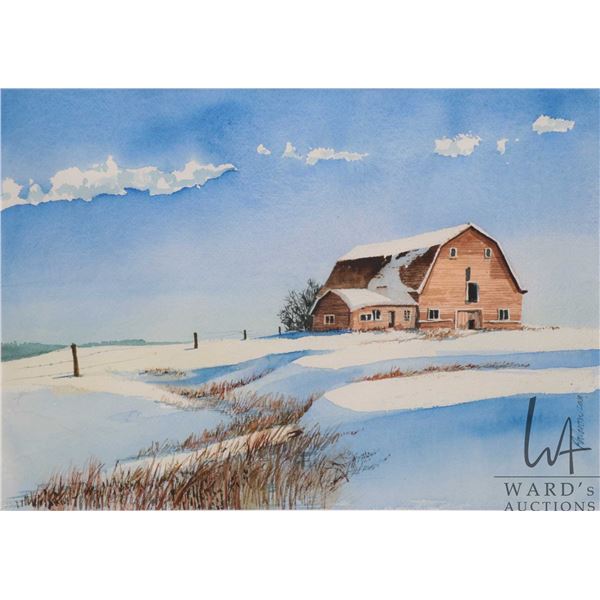 Artist signed original watercolour of a barn in winter, 10" X 14"