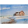 Image 1 : Artist signed original watercolour of a barn in winter, 10" X 14"