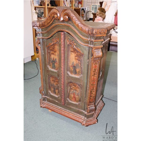 Hand painted and hand carved Bavarian wedding cabinet with two door polychrome doors painting with f