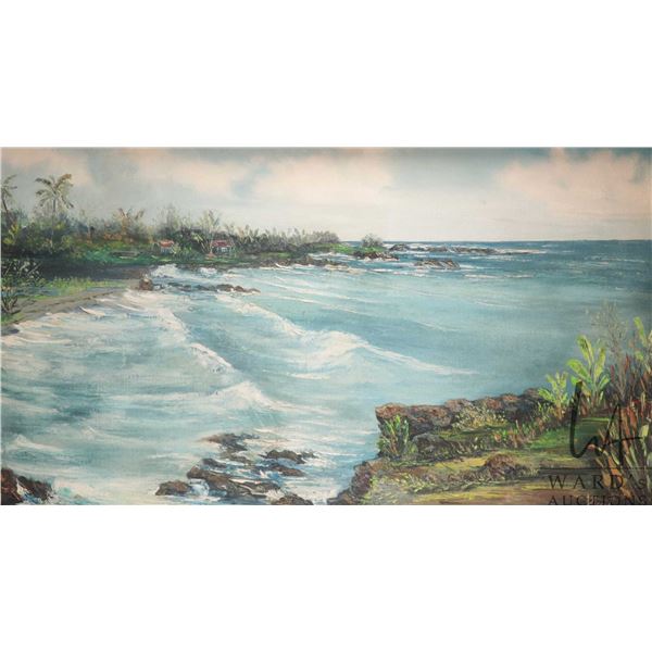 Alan J. PIcard framed oil on canvas painting of a tropical shore line with small cottages, signed by