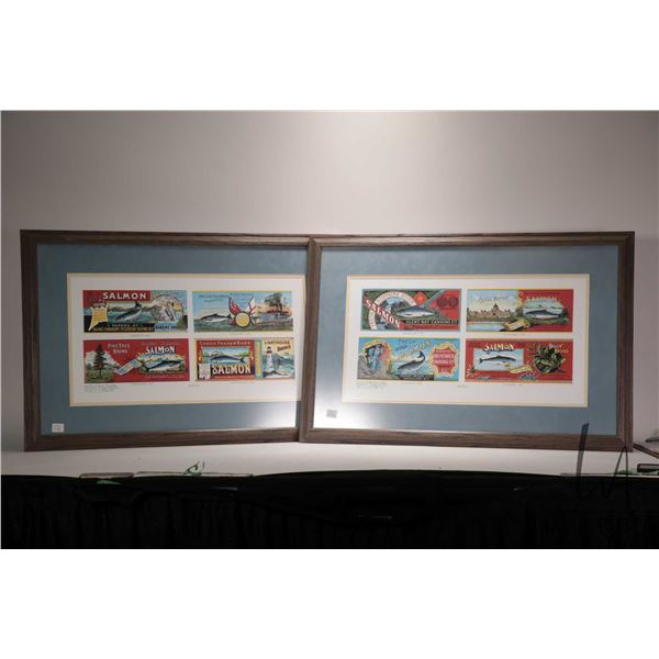 Two framed prints of British Columbia salmon tin labels titled "British Columbia Collection Series #