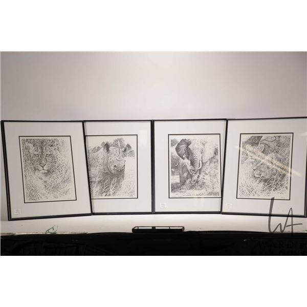 William Bakers, set of four limited edition prints including rhino, elephant, lions and a leopard, e