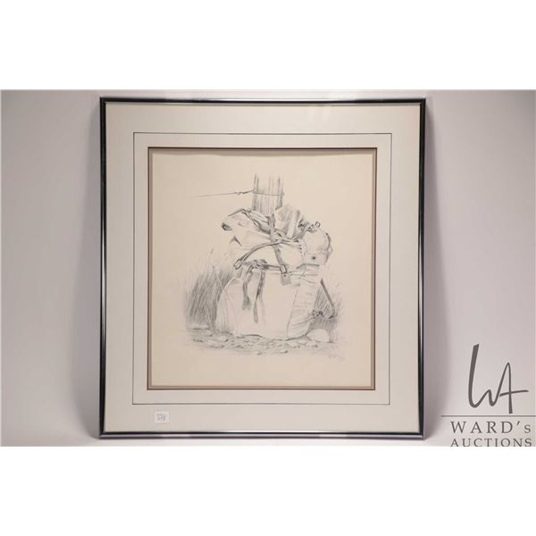 Weber, framed print of a backpack leaning on a fence post, dated '80, overall dimensions including f