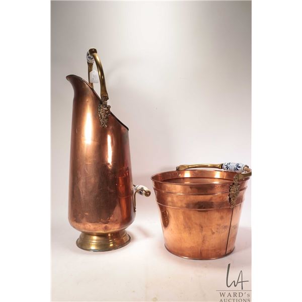 Two pieces of Delft copper and brass including 26" high coal hod and ash bucket each with lions head