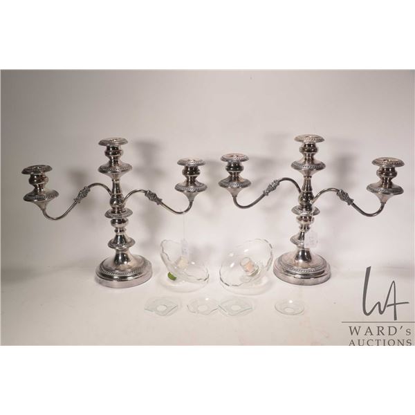 Pair of three branch silverplate candelabras, convertible and can be 7" candlesticks or 14" candelab