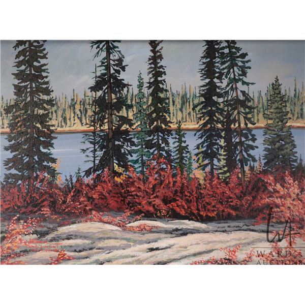 Bern Will Brown framed acrylic on canvas painting, titled on verso "Black Spruce 1988" 18" X 24". No